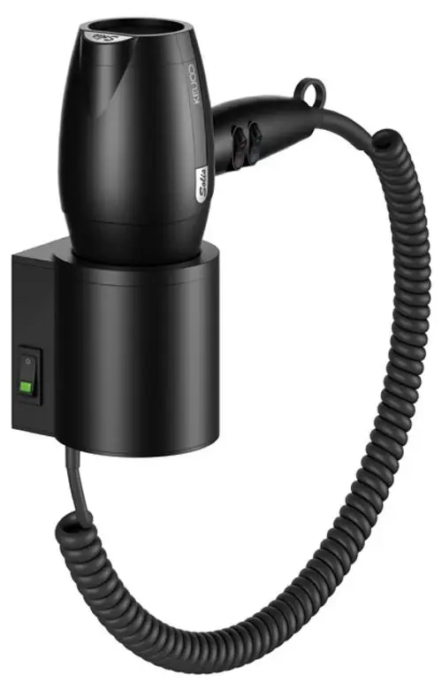 Haartrockner von Keuco, schwarz, wandmontiert mit Halter. Enthält einen flexiblen Schlauch und einen an der Wand befestigten Schalter.